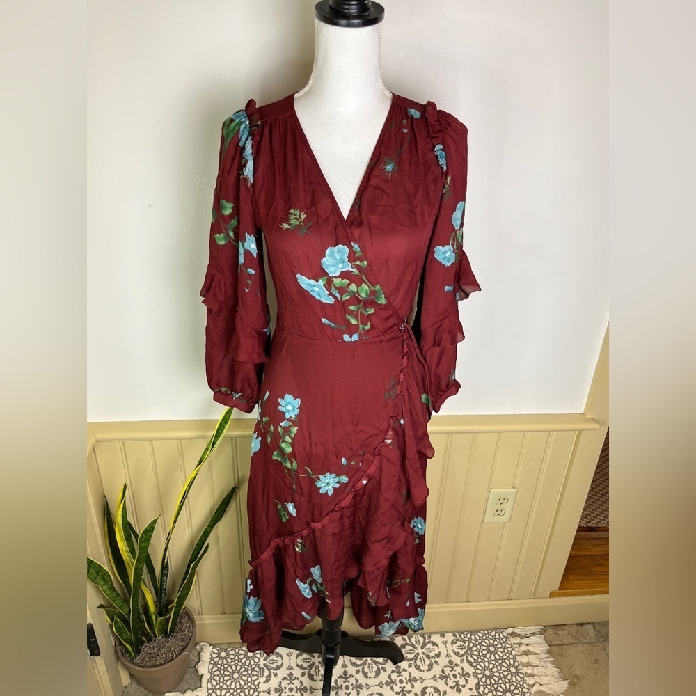 Joie Anawrette Floral Silk Wrap Dress Burgundy XS Hi-Lo Maxi Sleeved Romantic